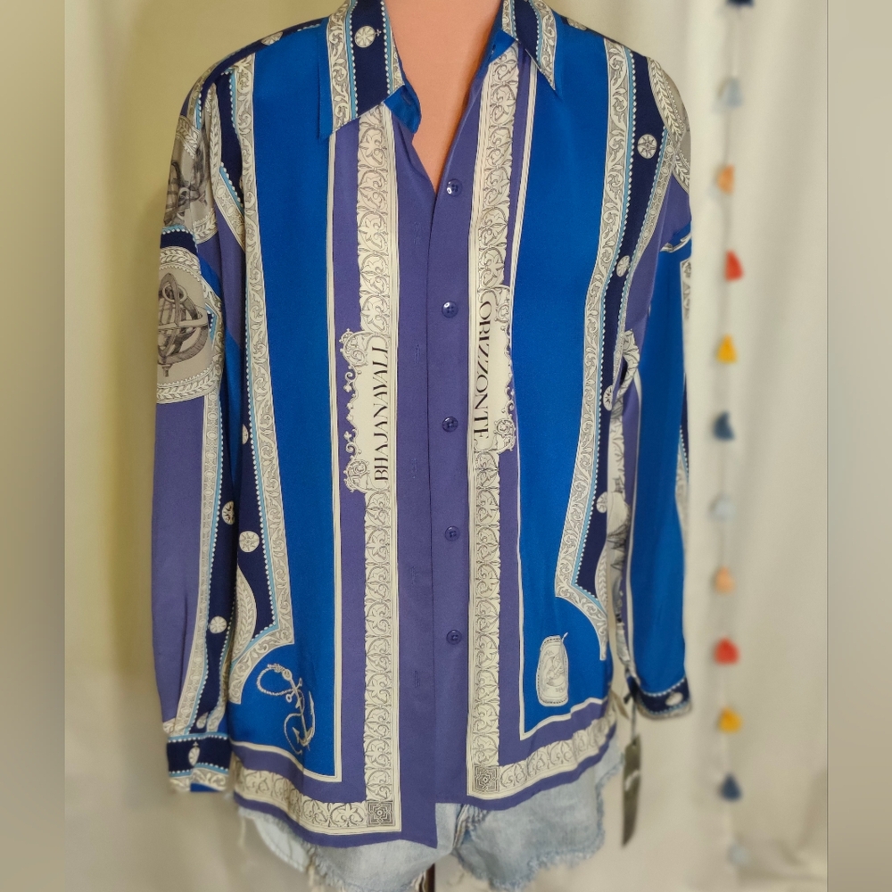 Ellen Tracy Stunning dated Deadstock Scarf Print ship crests stripe Silk chic - Picture 3 of 15